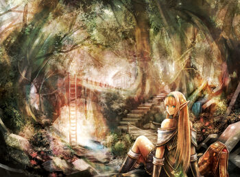 1girl bag bare_shoulders black_boots black_gloves black_skirt blonde_hair blue_eyes blunt_bangs boots bridge building commentary_request earrings elf flower forest from_behind gloves grass green_hairband green_shirt hairband highres house jewelry ladder long_hair long_pointy_ears looking_at_viewer looking_back nature original outdoors plant pointy_ears river scenery shirt sidelocks sitting skirt solo stairs sushi_(sashimise) tree unworn_bag very_long_hair wooden_bridge