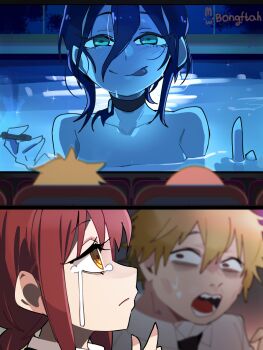 1boy 2girls :p absurdres artist_name black_choker black_hair blonde_hair bongftah chainsaw_man choker commentary denji_(chainsaw_man) green_eyes hair_between_eyes highres looking_at_another makima_(chainsaw_man) middle_finger multiple_girls nude open_mouth partially_submerged red_eyes reze_(chainsaw_man) symbol-only_commentary tears teeth tongue tongue_out water wet wet_hair yellow_eyes