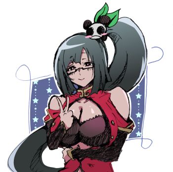 1girl arc_system_works bare_shoulders black_bra black_hair blazblue blush bra breasts china_dress chinese_clothes cleavage cleavage_cutout clothing_cutout dress glasses hair_ornament highres lao_jiu large_breasts litchi_faye_ling long_hair looking_at_viewer panda panda_hair_ornament ponytail purple_eyes red_dress smile solo underwear v xico74