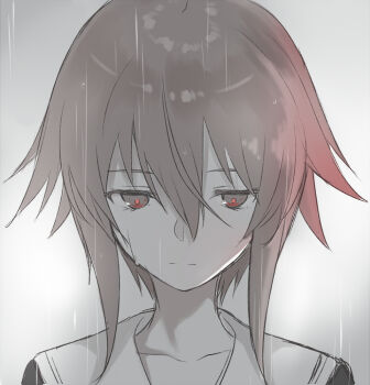 1girl chaos;child closed_mouth collarbone grey_background hair_between_eyes hekiho_academy_school_uniform looking_down marsirome narrowed_eyes onoe_serika rain red_eyes sad sailor_collar school_uniform science_adventure shirt short_hair short_hair_with_long_locks simple_background solo wet wet_hair