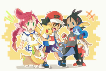 1girl 2boys ash_ketchum baseball_cap black_hair blue_vest chloe_(pokemon) clenched_hand eye_contact full_body gen_1_pokemon gen_4_pokemon gen_8_pokemon goh_(pokemon) grey_shirt hat hatsu8282 highres holding holding_poke_ball long_hair looking_at_another maroon_hair multiple_boys nintendo outstretched_arm pants pikachu poke_ball pokemon pokemon_(anime) pokemon_(creature) pokemon_journeys raboot red_headwear riolu sailor_uniform shirt short_hair short_sleeves simple_background sobble vest white_shirt yamper