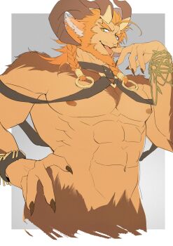 1boy abs animal_ears another_eidos-r azmond_(another_eidos) bara border bracelet chest_hair cow_ears extra_horns facial_hair hand_on_own_hip highres horns jewelry male_focus muscular muscular_male mustache_stubble mutton_chops muuunya000 nipples o-ring orange_eyes orange_hair pectorals solo stubble symbol-shaped_pupils tongue tongue_out topless_male v-shaped_eyebrows white_border
