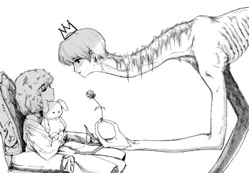1boy 1girl blind blush chair closed_eyes commentary_request crown dress emaciated flower greyscale highres holding holding_flower holding_stuffed_toy horror_(theme) human_head leaf_in_hair long_fingers long_neck monochrome monster_boy original paraparapapa22 sitting stuffed_animal stuffed_rabbit stuffed_toy