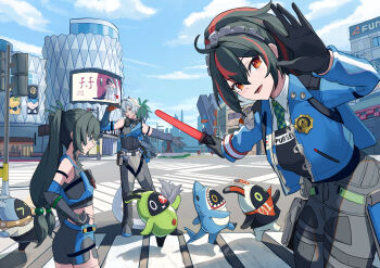 1boy 2girls android animal_ears avocaboo_(zenless_zone_zero) bandana bandana_around_neck bangboo_(zenless_zone_zero) black_gloves black_hair blue_jacket braid braided_sidelock building cat_boy cat_ears checkered_necktie city crosswalk elbow_gloves eous_(zenless_zone_zero) fingerless_gloves fins fish_tail gloves green_eyes hair_between_eyes hair_ornament hairband highres holding intersection jacket long_hair looking_at_viewer metal_hairband multicolored_hair multiple_girls necktie open_mouth oramustat orange_bandana outdoors police police_badge police_uniform policeman policewoman ponytail qingyi_(zenless_zone_zero) red_eyes red_hair red_streaks road seth_lowell shark_tail sharkboo_(zenless_zone_zero) short_hair shorts side_braids sidelocks smile sphere_hair_ornament streaked_hair street tail twintails white_hair zenless_zone_zero zhu_yuan