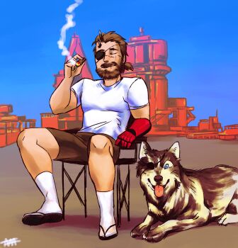 Rule 34 | 1boy, absurdres, cigar, diamond dog, dog, eyepatch, facial hair, highres, metal gear (series), metal gear solid v: the phantom pain, scar, sitting, smoke, syzygy stagy, venom snake