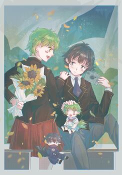 Rule 34 | 1boy, 1girl, absurdres, baka to test to shoukanjuu, blazer, blue necktie, camera, flower, gensou getsumen rt, hand on another's shoulder, highres, holding, holding camera, holding flower, imminent confession, jacket, kudou aiko, long hair, necktie, school uniform, sunflower, tsuchiya kouta