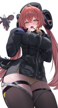 1girl 4mmmmu absurdres anger_vein asymmetrical_gloves averting_eyes beret black_dress black_gloves black_hat black_horns black_thighhighs blush breasts commentary_request cowboy_shot curvy dragon_girl dragon_horns dress fingerless_gloves gloves hat highres horns index_fingers_together large_breasts long_sleeves looking_at_viewer magus_(zenless_zone_zero) mechanical_tail mismatched_gloves open_mouth orange_pupils orphie_magnusson panties pointy_ears red_hair simple_background single_fingerless_glove standing sweatdrop tail teeth thighhighs thighs twintails underwear upper_teeth_only white_background yellow_eyes yellow_gloves yellow_panties zenless_zone_zero zipper_dress