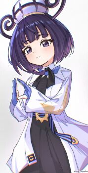 1girl artist_name belt belt_buckle black_dress black_hair blue_gloves blush bob_cut buckle closed_mouth coat dress gloves gradient_hair gwynn_(pokemon) hat highres long_sleeves looking_at_viewer multicolored_hair nintendo o-ring o-ring_belt open_clothes open_coat partially_fingerless_gloves pokemon pokemon_legends:_z-a purple_eyes purple_hair short_hair smile solo space_ruruke