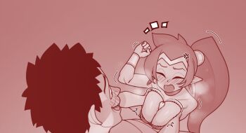 1boy 1girl annoyed arm_up armpit_peek blush bracer breasts breasts_squeezed_together bursting_breasts cleavage clenched_hand closed_eyes clothed_female_nude_male collarbone earrings ekz_(robotekz) from_above genie grabbing_another's_breast groping hetero highres hoop_earrings jewelry large_breasts long_hair monochrome motion_lines nude o-ring o-ring_top open_mouth paizuri paizuri_under_clothes penis pointy_ears red_theme shantae shantae_(series)