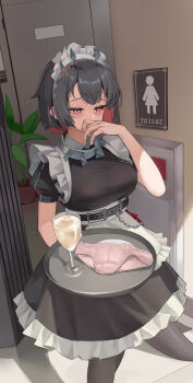 1girl absurdres black_hair blush covering_own_mouth ellen_joe glass hand_over_own_mouth highres maid medium_hair mousedic07 panties pee peeing peeing_in_cup red_eyes tray underwear unworn_panties zenless_zone_zero