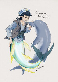 1boy bad_link binoculars black_hair blush breast_pocket brown_eyes collarbone commentary_request commission dolphin english_text fins hand_on_own_tail hat highres jewelry long_sleeves looking_at_another monster_boy necklace original paper_texture petting pocket pointy_ears sailor_hat shirt signature skeb_commission smile soramaru_ell vest watermark