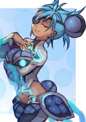 Rule 34 | 1girl, aqua hair, arm under breasts, blue bodysuit, blue nails, bodysuit, breasts, closed eyes, closed mouth, clothing cutout, dark-skinned female, dark skin, earrings, eyepatch, glowing, hair ornament, highres, jewelry, large breasts, nail polish, navel, navel cutout, praxis (xenoblade), r123, smile, solo, stomach, white background, xenoblade chronicles (series), xenoblade chronicles 2