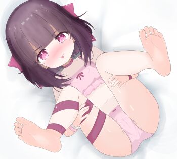 1girl absurdres bed_sheet blush brown_hair buruberi cameltoe choker fallenshadow feet feet_up full_body hair_ribbon highres huge_filesize indie_virtual_youtuber loli looking_at_viewer lying navel on_back on_bed panties pink_panties purple_hair red_eyes ribbon short_hair solo stomach thighs toes tongue tongue_out underwear virtual_youtuber
