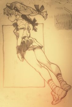 1girl aika_(eternal_arcadia) ass braid breasts closed_mouth eternal_arcadia full_body goggles goggles_on_head greyscale highres jewelry long_hair looking_at_viewer medium_breasts monochrome sasaki_tomomi smile socks solo striped_clothes striped_socks traditional_media twin_braids