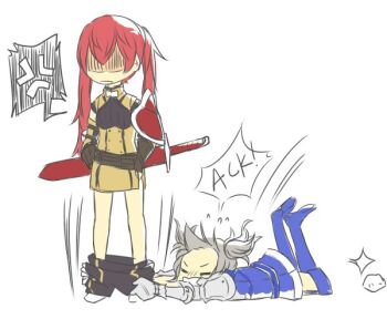 2girls anger_vein chibi closed_eyes cynthia_(pokemon) english_text fire_emblem fire_emblem_awakening grey_hair hands_on_own_hips komapus multiple_girls nintendo red_hair severa_(fire_emblem) simple_background speech_bubble sword third-party_edit twintails weapon