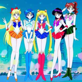 5girls aino_minako aru_dreamer bare_legs bishoujo_senshi_sailor_moon black_hair blonde_hair blue_eyes blue_hair boots bow brown_hair city gloves green_eyes high_heels hino_rei kino_makoto long_hair long_legs magical_girl miniskirt mizuno_ami moon multiple_girls ponytail purple_eyes red_bow sailor_jupiter sailor_mars sailor_mercury sailor_moon sailor_venus short_hair short_sleeves skirt tsukino_usagi twintails v very_long_hair