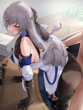 1boy 1girl ass bare_shoulders blue_ribbon blush boots breasts bronya_rand brown_gloves brown_pantyhose clothed_female_nude_male clothed_sex crossed_bangs desk detached_sleeves dress drill_hair earrings elbow_gloves gloves grey_eyes grey_hair hair_between_eyes hetero highres honkai:_star_rail honkai_(series) jewelry large_breasts long_hair moca_(mocaa_iai) nude open_mouth pantyhose paper_stack ribbon sex sex_from_behind thigh_boots thighs white_dress