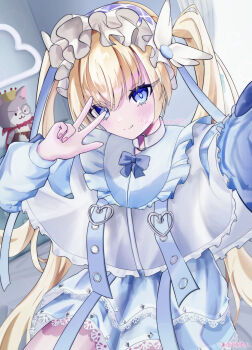 Rule 34 | >:), 1girl, :3, absurdres, alternate costume, blue bow, blue bowtie, blue dress, blue eyes, blue hairband, blue pupils, blue ribbon, blunt ends, blush, bow, bowtie, cafe stella to shinigami no chou, capelet, closed mouth, colored eyelashes, commentary request, company connection, cowboy shot, crown, dress, eyelashes, fingernails, frilled capelet, frilled hairband, frills, hair between eyes, hair ornament, hair ribbon, hairband, heart-shaped ornament, highres, indoors, kurumeeee333, lace, lace-trimmed dress, lace trim, lolita fashion, lolita hairband, long hair, long sleeves, looking at viewer, mikado (cafe stella), on bed, partial commentary, plaid hairband, ribbon, selfie, shirayuki noa, sidelocks, sitting, smile, smug, solo, split mouth, stuffed animal, stuffed cat, stuffed toy, tenshi souzou re-boot!, twintails, twitter username, v, v-shaped eyebrows, v over eye, very long hair, white capelet, window, wing hair ornament, yuzusoft