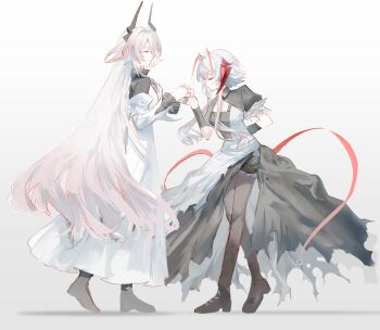 Rule 34 | 2girls, ^ ^, absurdres, arknights, arm behind back, arm warmers, black arm warmers, black dress, black horns, black pantyhose, bochishiraita, closed eyes, closed mouth, dress, full body, gradient background, gradient hair, grey background, highres, holding hands, horns, layered dress, long dress, long hair, multicolored hair, multiple girls, pantyhose, pink hair, profile, puffy short sleeves, puffy sleeves, red hair, short hair with long locks, short sleeves, smile, standing, streaked hair, theresa (arknights), torn clothes, torn dress, very long hair, w (arknights), white dress, white hair