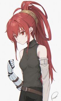 1girl absurdres bare_shoulders black_pants black_shirt breasts clenched_hand closed_mouth commentary cowboy_shot film_grain gold_hairband hairband hand_up highres long_hair medium_breasts original pants piripun ponytail prosthesis prosthetic_arm red_eyes red_hair shirt signature solo symbol-only_commentary