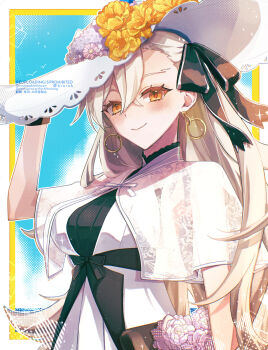 1girl asymmetrical_bangs black_dress black_gloves blush breasts capelet commentary_request dress earrings fate/grand_order fate_(series) flower gloves hair_ribbon haruna_(hrnrnh) hat hat_flower highres hoop_earrings jewelry long_hair looking_at_viewer md5_mismatch medium_breasts olga_marie_animusphere orange_eyes resolution_mismatch ribbon smile solo source_smaller sun_hat two-tone_dress u-olga_marie u-olga_marie_(first_ascension) very_long_hair white_capelet white_dress white_hair white_hat yellow_eyes