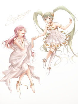 2girls absurdres after0217 armlet asymmetrical_legwear ballerina ballet_slippers bare_shoulders barefoot blush bracelet closed_eyes collarbone dress full_body gold_armlet gold_bracelet gramophone_luka gramophone_miku green_eyes green_hair hair_between_eyes hair_ornament hatsune_miku highres jewelry long_hair looking_at_another megurine_luka miku_symphony_(vocaloid) multiple_girls number_tattoo official_alternate_costume official_alternate_hairstyle open_mouth pink_hair short_dress signature simple_background smile strapless strapless_dress tattoo thighhighs tutu twintails very_long_hair vocaloid white_background white_dress white_thighhighs