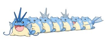 air_bubble akinatan58255 animal_focus bubble closed_eyes closed_mouth commentary_request cosplay fangs gen_1_pokemon gen_3_pokemon gyarados gyarados_(cosplay) nintendo no_humans open_mouth pokemon pokemon_(creature) pokemon_focus reflection reflective_liquid seal_(animal) simple_background smile spheal tail water whiskers white_background