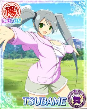 Rule 34 | 1girl, :d, blue sky, border, breasts, card (medium), casual, character name, cleavage, day, game cg, green eyes, green shorts, grey hair, hood, hoodie, large breasts, long hair, looking at viewer, official art, open mouth, outstretched arms, park, pink hoodie, senran kagura, senran kagura new wave, shirt, shorts, sky, smile, solo, spread arms, swept bangs, third-party source, tsubame (senran kagura), twintails, very long hair, white shirt