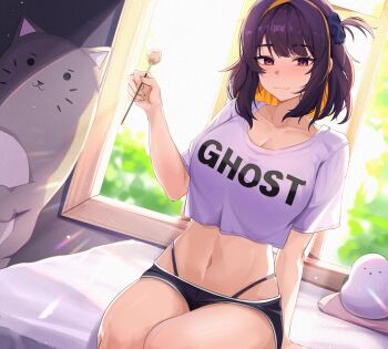 1girl absurdres arm_support bed bed_sheet black_shorts blush breasts cleavage closed_mouth collarbone colored_inner_hair commentary_request commission crop_top day dutch_angle hair_ornament hand_up highleg highleg_panties highres holding indoors korean_commentary large_breasts lens_flare looking_at_viewer midriff mimikaki mountain_range_(treerootbeard) multicolored_hair navel on_bed one_side_up orange_hair orange_streaks original panties panty_straps purple_eyes purple_hair purple_shirt shirt short_hair short_shorts short_sleeves shorts smile solo streaked_hair stuffed_animal stuffed_cat stuffed_toy thighs underwear window