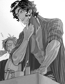 Rule 34 | 2boys, alternate facial hair, bevel, brushing teeth, commentary request, eyewear on head, fate/grand order, fate (series), glasses, greyscale, holding, holding razor, male focus, monochrome, morning, multicolored hair, multiple boys, one eye closed, open clothes, open shirt, razor, round eyewear, shaving, shirt, streaked hair, striped clothes, striped shirt, takasugi shinsaku (fate), toned, toned male, toothbrush, yoshida shouin (fate), zzz