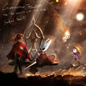 2025 2boys 2girls absurdres artist_request black_eyes brown_hair cape clair_obscur:_expedition_33 commentary cosplay crossed_legs crossover english_commentary english_text esquie_(clair_obscur:_expedition_33) hat heart highres hollow_eyes hollow_knight hollow_knight:_silksong hornet_(hollow_knight) hornet_(hollow_knight)_(cosplay) horns looking_at_another maelle_(clair_obscur:_expedition_33) multiple_boys multiple_girls musical_note needle_(hollow_knight) on_bench ponytail purple_cape rock second-party_source sherma_(hollow_knight) single_horn sitting smile sunlight