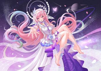 1girl absurdres aqua_hair barefoot breasts bug butterfly commentary_request cyrene_(honkai:_star_rail) cyrene_(ripples_of_past_reverie)_(honkai:_star_rail) dress falling_petals feet halo highres honkai:_star_rail honkai_(series) insect large_breasts looking_at_viewer multicolored_hair petals pink_hair planet planetary_ring pointy_ears purple_eyes reaching reaching_towards_viewer sky solo star_(sky) starry_sky thighs toes white_dress white_hair zekong_pioneer