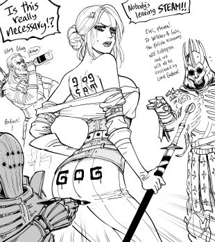 1boy 1girl absurdres alcohol anger_vein ass bb_(baalbuddy) body_writing character_request ciri geralt_of_rivia greyscale highres holding holding_sheath holding_sword holding_weapon monochrome scabbard sheath sword the_witcher_(series) weapon weapon_on_back writing_on_ass