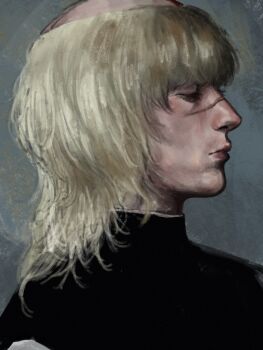 Rule 34 | 1boy, badeni, black tabard, blonde hair, chi.: chikyuu no undou ni tsuite, closed eyes, closed mouth, commentary request, eyelashes, from side, highres, k05062688, lips, male focus, medium hair, nose, profile, scar, scar on face, scar on nose, solo, tabard, tonsure