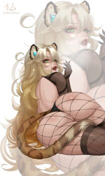 1girl animal_ear_fluff animal_ears ass ass_focus black_gloves black_thighhighs blonde_hair brown_lips fishnet_pantyhose fishnet_thighhighs fishnets genshin_impact gloves green_eyes hashtag-only_commentary highres hotokeshiz leopard_tail long_hair looking_at_viewer looking_back lying on_side panties pantyhose parted_lips solo tail thighhighs tiger_ears underwear very_long_hair white_background xilonen_(genshin_impact) zoom_layer