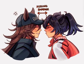 2girls animal_ears baseball_cap black_hair black_jacket blush boc&#039;z_(umamusume) brown_hair closed_eyes closed_mouth ears_through_headwear french_kiss hair_ornament hat horse_ears horse_girl jacket katsuragi_ace_(casual)_(umamusume) katsuragi_ace_(umamusume) kiss long_hair long_sleeves meme mr._c.b._(boc&#039;z)_(umamusume) mr._c.b._(umamusume) multiple_girls official_alternate_costume parted_lips ponytail red_jacket sappy_sprout smile tassel tassel_hair_ornament umamusume upper_body yuri