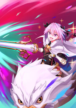 1boy absurdres armor astolfo_(fate) belt black_bow black_dress black_gloves bow braid braided_ponytail breastplate cape commentary_request dress fate/apocrypha fate_(series) faulds fur-trimmed_cape fur_trim gauntlets gloves hair_bow hair_intakes highres hippogriff_(fate) lance long_hair long_sleeves multicolored_hair pink_hair polearm purple_eyes streaked_hair weapon white_cape white_hair yuniyuni