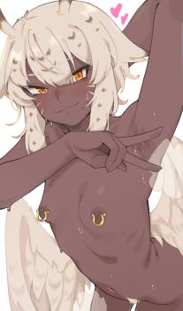 1girl absurdres arm_up armpit_focus armpits breasts closed_mouth commentary completely_nude cowboy_shot dark-skinned_female dark_nipples dark_skin fang feathered_wings female_pubic_hair grey_hair heart highres kokuya_(kokuya28) looking_at_viewer low_wings navel nipple_piercing nipple_rings nipples nude orange_eyes original piercing presenting_armpit pubic_hair short_hair simple_background skin_fang small_breasts smile solo spread_armpit sweat tooru_(kokuya28) white_background white_pubic_hair white_wings wings