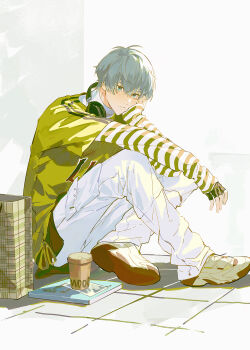 1boy blue_eyes fingerless_gloves full_body gloves grey_hair hair_between_eyes headphones headphones_around_neck highres knee_up long_sleeves looking_at_viewer male_focus original pants shoes short_hair sitting sleeves_past_wrists solo striped_clothes tiles xiaojiaju