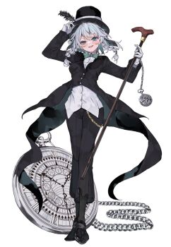 Rule 34 | 1girl, alternate costume, black coat, black hat, black pants, blush, bow, bowtie, braid, cane, coat, collared shirt, commentary request, crossdressing, crossdressing (ftm), full body, gloves, green bow, green bowtie, grey hair, hand on headwear, hat, hat feather, highres, holding, holding cane, izayoi sakuya, kararage tsune, long sleeves, open mouth, pants, pocket watch, shirt, simple background, smile, solo, teeth, top hat, touhou, twin braids, upper teeth only, watch, white background, white gloves, white shirt