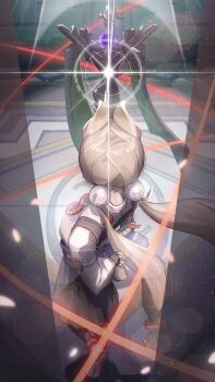 1girl absurdres alice_thymefield animal_ears arm_behind_back black_gloves black_pantyhose blonde_hair ethereal_(zenless_zone_zero) fighting_stance fingerless_gloves from_behind gloves green_skirt hair_ornament highres holding holding_sword holding_weapon indoors long_hair low_twintails navyblue541 pantyhose rabbit_ears rabbit_girl shirt shirt_tucked_in shoes short_tail skirt sparkle sphere_hair_ornament sword tail twintails weapon white_shirt white_shoes zenless_zone_zero