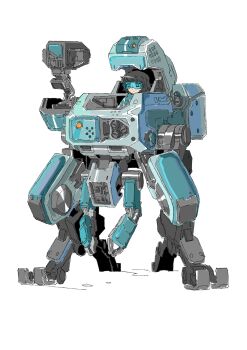 1girl black_hair blue_theme blue_visor ephe99261012 hashtag-only_commentary highres mecha mecha_focus medium_hair missile_pod open_cockpit original pilot piloting pincers robot science_fiction simple_background sketch solo standing white_background