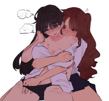 2girls bite_mark bite_mark_on_shoulder black_hair black_panties black_skirt blush breasts brown_eyes brown_hair commentary_request grabbing_another's_breast groping hickey highres large_breasts long_hair mole mole_under_eye multiple_girls off_shoulder open_mouth original panties panty_pull pleated_skirt pockiseisont self-harm_scar shirt simple_background skirt spanish_commentary speech_bubble squiggle underwear white_background white_shirt yuri