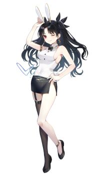 1girl animal_ears anklet armlet black_hair black_skirt blush bow bowtie breasts collared_shirt earrings fake_animal_ears fake_tail fate/grand_order fate_(series) full_body hair_ribbon highres hoop_earrings ishtar_(fate) jewelry long_hair looking_at_viewer medium_breasts miniskirt one_eye_closed parted_bangs pencil_skirt playboy_bunny rabbit_ears rabbit_tail red_eyes ribbon shirt siiqa_vivi single_thighhigh skirt sleeveless sleeveless_shirt smile solo tail thighhighs two_side_up white_shirt