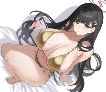 1girl armpit_crease bare_arms bare_legs bare_shoulders barefoot bed_sheet bikini black_hair black_halo blue_archive blunt_bangs blush breasts bright_pupils clipboard closed_mouth collarbone commentary_request drop_shadow fingernails full_body gold_bikini groin hair_behind_ear hair_ornament hairclip halo halterneck hand_up highres holding holding_clipboard huge_breasts kevinlim39 long_hair looking_at_viewer multicolored_halo navel on_one_knee red_eyes red_halo ringed_eyes rio_(blue_archive) side-tie_bikini_bottom solo stomach string_bikini swimsuit two-tone_halo very_long_hair white_background white_pupils