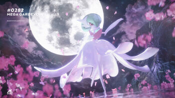 3d artist_name celebi350300687 character_name cherry_blossoms cinema_4d_(medium) closed_mouth cloud dress flower full_body full_moon gardevoir gen_3_pokemon highres mega_gardevoir mega_pokemon moon mountain night night_sky nintendo outdoors pink_eyes pink_flower pink_petals pokedex_number pokemon pokemon_(creature) pokemon_focus sky smile solo star_(sky) starry_sky tree white_dress