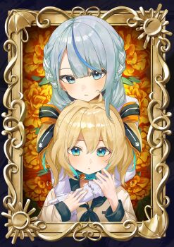 2girls absurdres ahoge amagai_ruka appare_hinata aqua_hair blue_eyes blue_hair blue_neckerchief border braid choker commentary dot_nose flower hair_between_eyes hair_ornament hands_on_another's_hand heart highres light_blush long_hair long_sleeves looking_at_viewer multicolored_hair multiple_girls neckerchief nema_029 open_mouth ornate_border paw_print puffy_sleeves shirt star_(symbol) sun_symbol umbrella virtual_youtuber weather_planet white_shirt x_hair_ornament