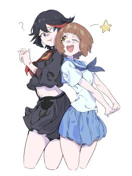 2girls :d ? black_hair black_shirt black_skirt blue_eyes blue_neckerchief blue_sailor_collar blue_skirt breasts brown_eyes brown_hair cropped_legs highres honnoji_academy_school_uniform kill_la_kill mankanshoku_mako matoi_ryuuko midriff multiple_girls neckerchief one_eye_closed open_mouth pleated_skirt red_neckerchief red_streaks sailor_collar school_uniform senketsu senryu3535 shirt short_hair simple_background skirt smile white_background white_shirt wink_star