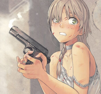 1girl blonde_hair blood blood_on_face blood_splatter braid breasts camisole choker cleavage cocked_hammer crying crying_with_eyes_open finger_on_trigger green_eyes gun handgun itou_(onsoku_tassha) lingerie m1911 original scared short_hair smoke smoking_barrel solo strap_slip tears underwear weapon white_camisole