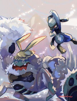 Rule 34 | closed eyes, closed mouth, commentary request, crabominable, fighting, full body, gen 4 pokemon, gen 7 pokemon, highres, jumping, majikichi (miyama), midair, motion lines, nintendo, one-hour drawing challenge, open mouth, outdoors, pokemon, pokemon (creature), pokemon focus, red eyes, riolu, signature, teeth